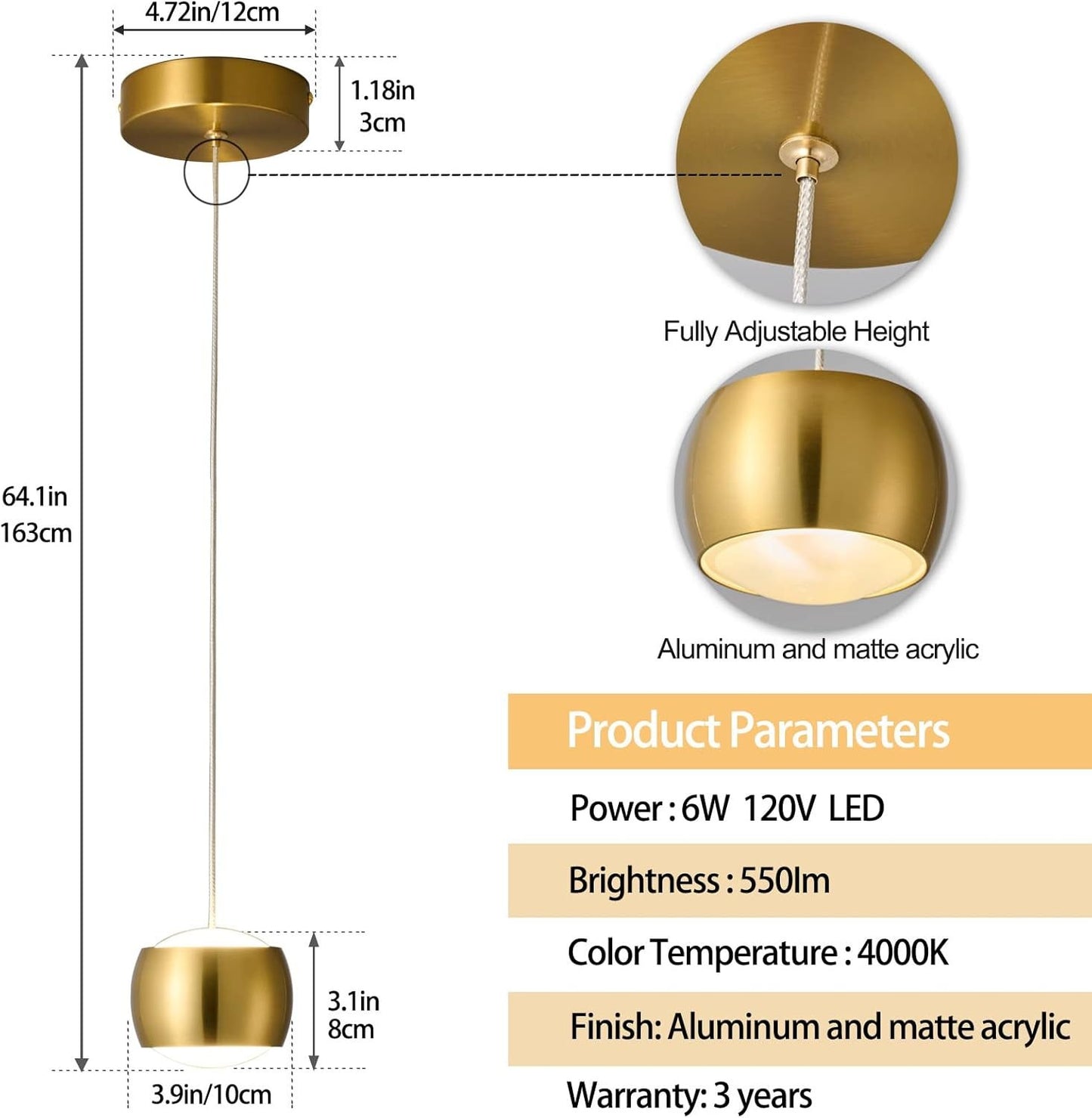 3-Pack LED Dimmable Pendant Lights, Gold Finish for Kitchen Island and Dining