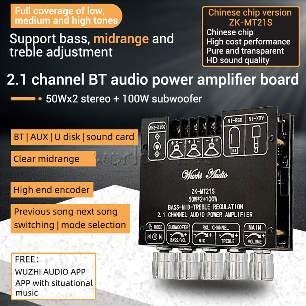 Bluetooth 5.0 Audio Amplifier Module High Low Tone 50W*2 Stereo +100W Subwoofer