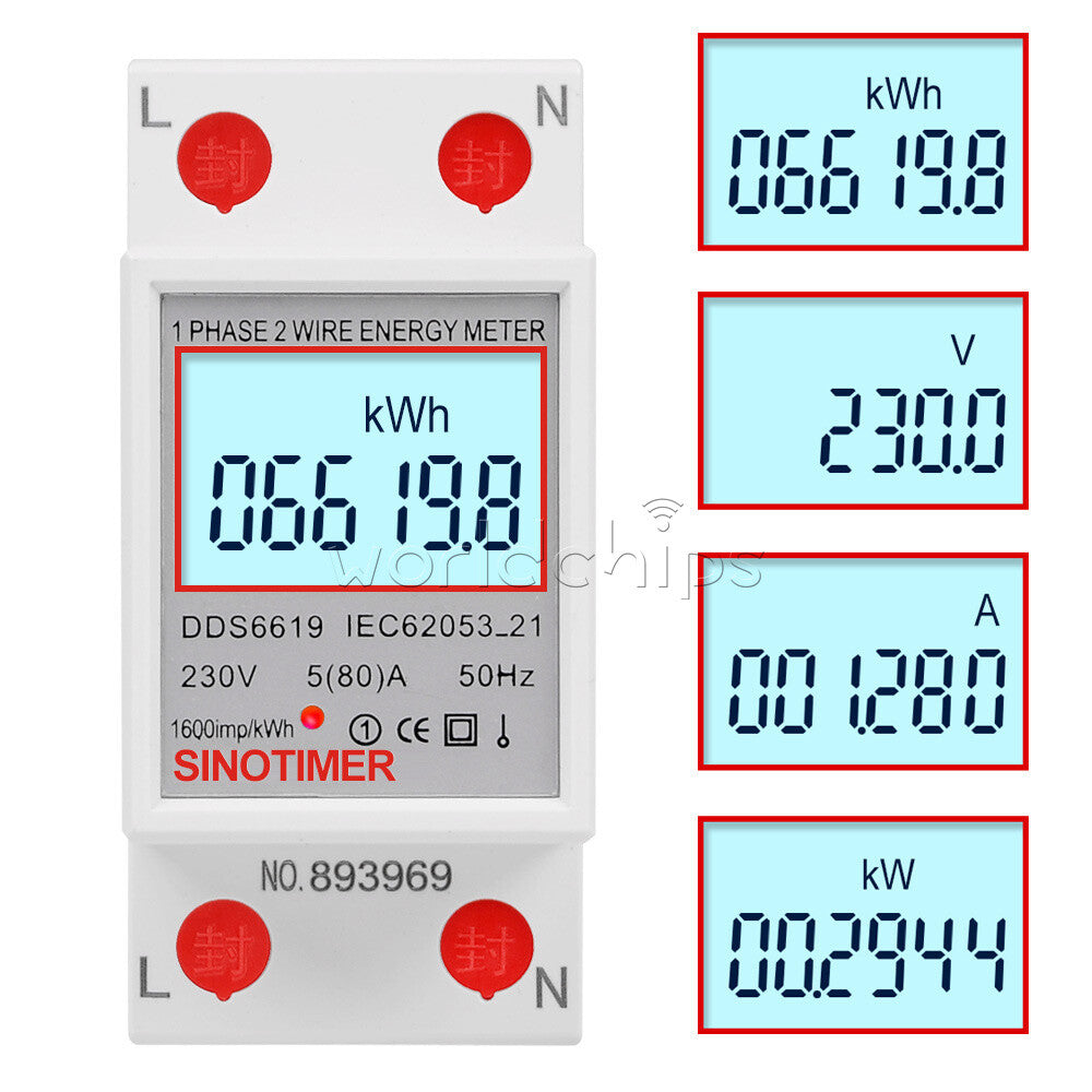 DDS6619 5-80A 230V LCD Digital Single Phase Energy Watt KWh Meter DIN Rail Mount