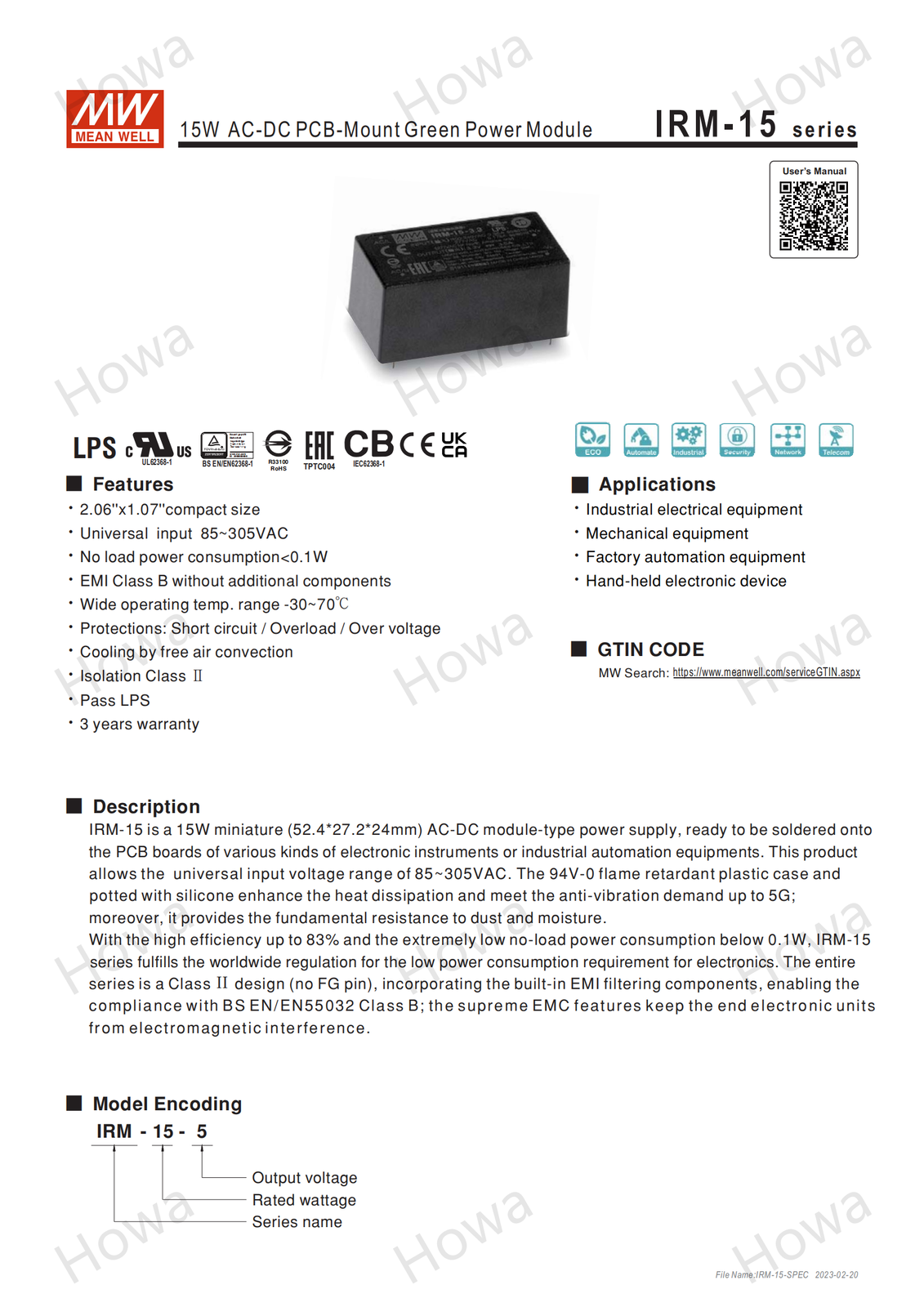 Mean Well IRM-15 switching power supply 3.3V5V9V12V24V pin type 15W AC-DC module