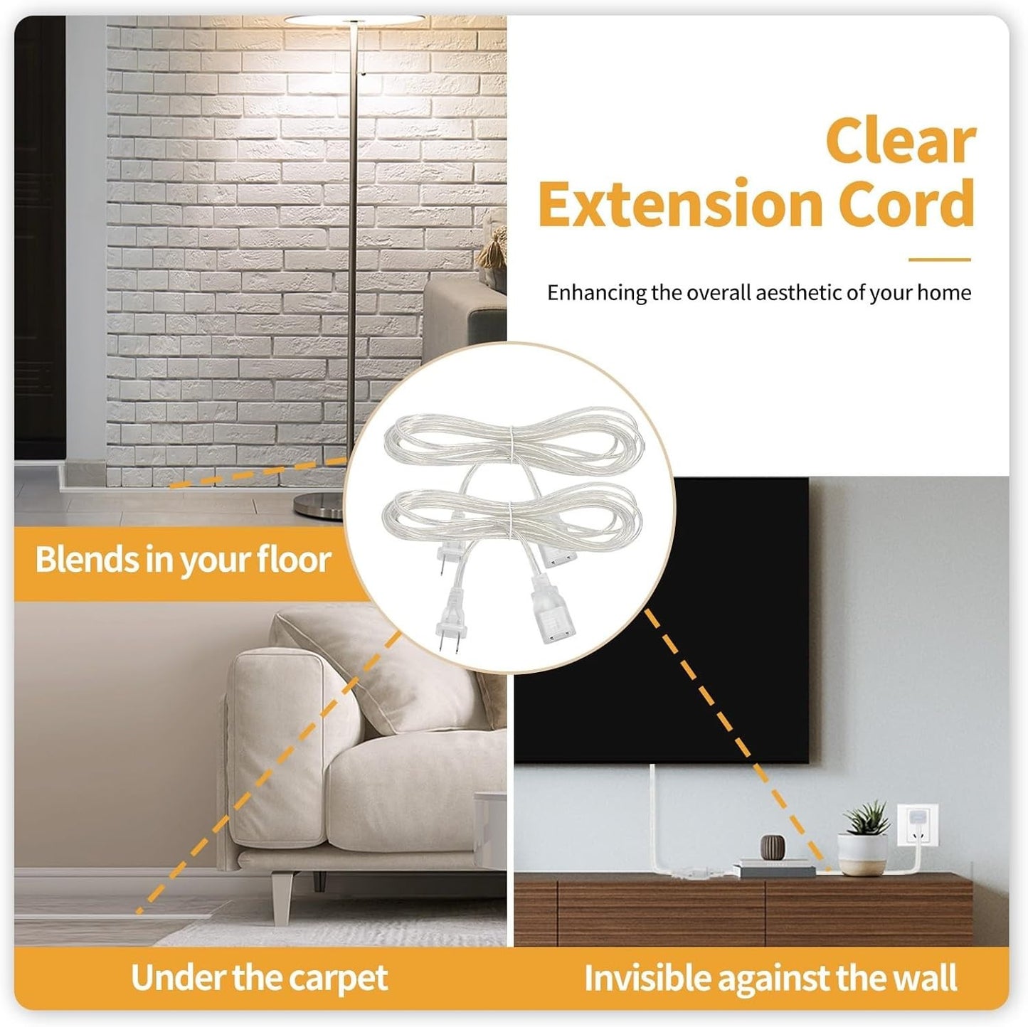 2 Pack Clear Extension Cord with Ul-Certified, 10 Feet Male to Female Extension