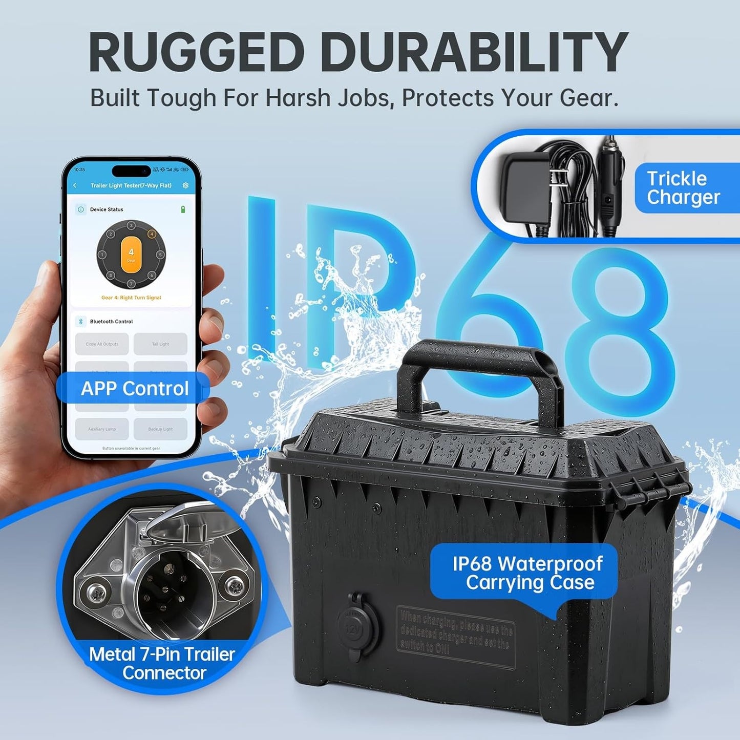 Trailer Light Tester Box with 12V Battery, Bluetooth App Control, IP68 Case