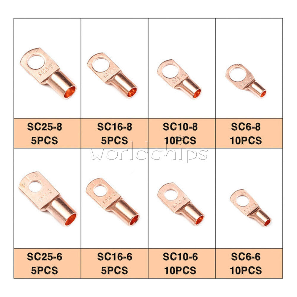 60PCS Battery Lugs Terminal Ring Connector Tinned Copper Wire Terminals Kit