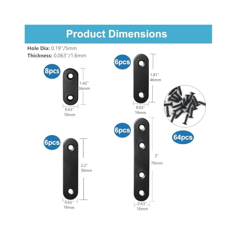 26 Sets Stainless Steel Flat Plate Brackets, 36-76mm, for Wood Repair