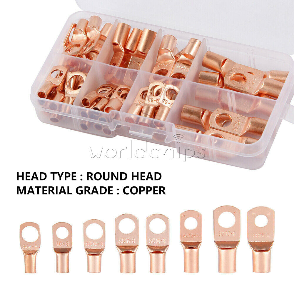60PCS Battery Lugs Terminal Ring Connector Tinned Copper Wire Terminals Kit