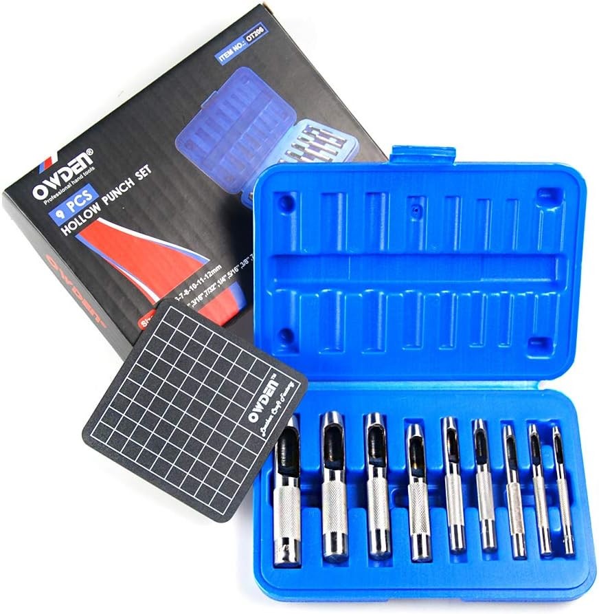 OWDEN 9 Pieces Hollow Punch Set (1/8"-1/2") with a Free Cutting MAT, Leather Hol