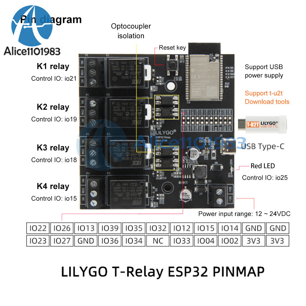 ESP32 T-Relay DC 5V 4 Way Relay 4MB Flash IoT Relay Suport WiFi Bluetooth T-U2T