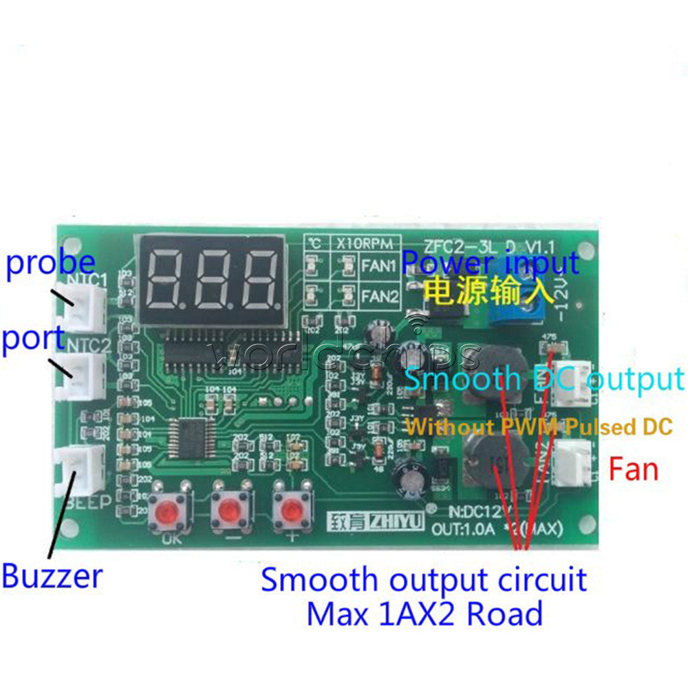 12V Fan Speed Controller 3-wire Digital Display Dual Ways Temperature Thermostat