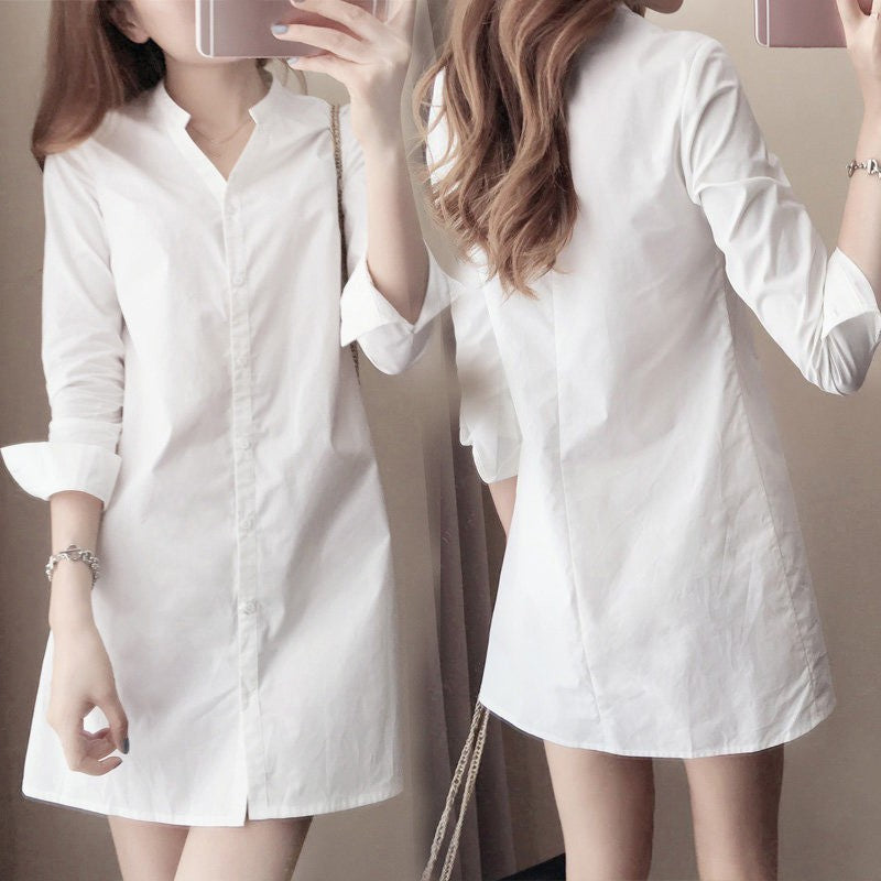 Women Girls Casual White Shirt Long Sleeve V-Neck Slim Fit  for MINI Shirt Dress