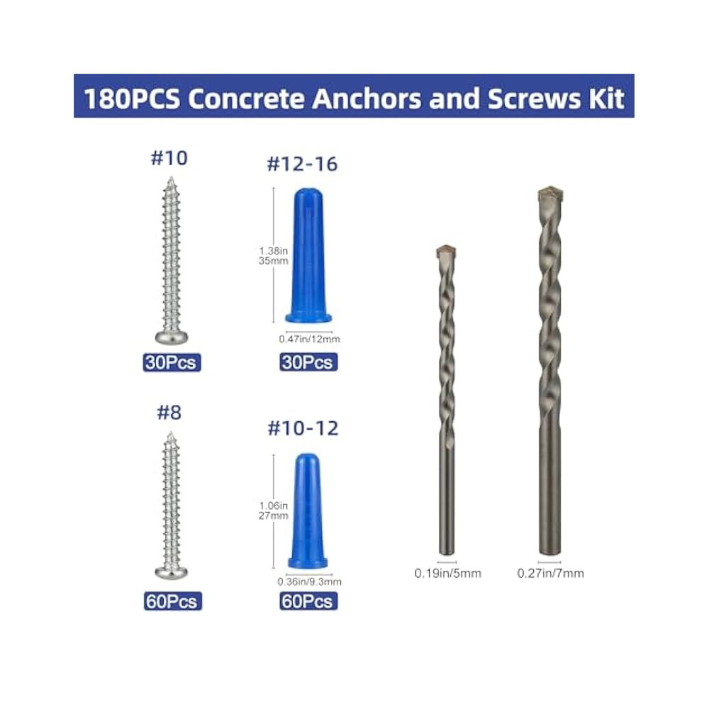 180-Piece Concrete Anchor & Screw Kit, Conical Anchors, Self-Tapping Screws