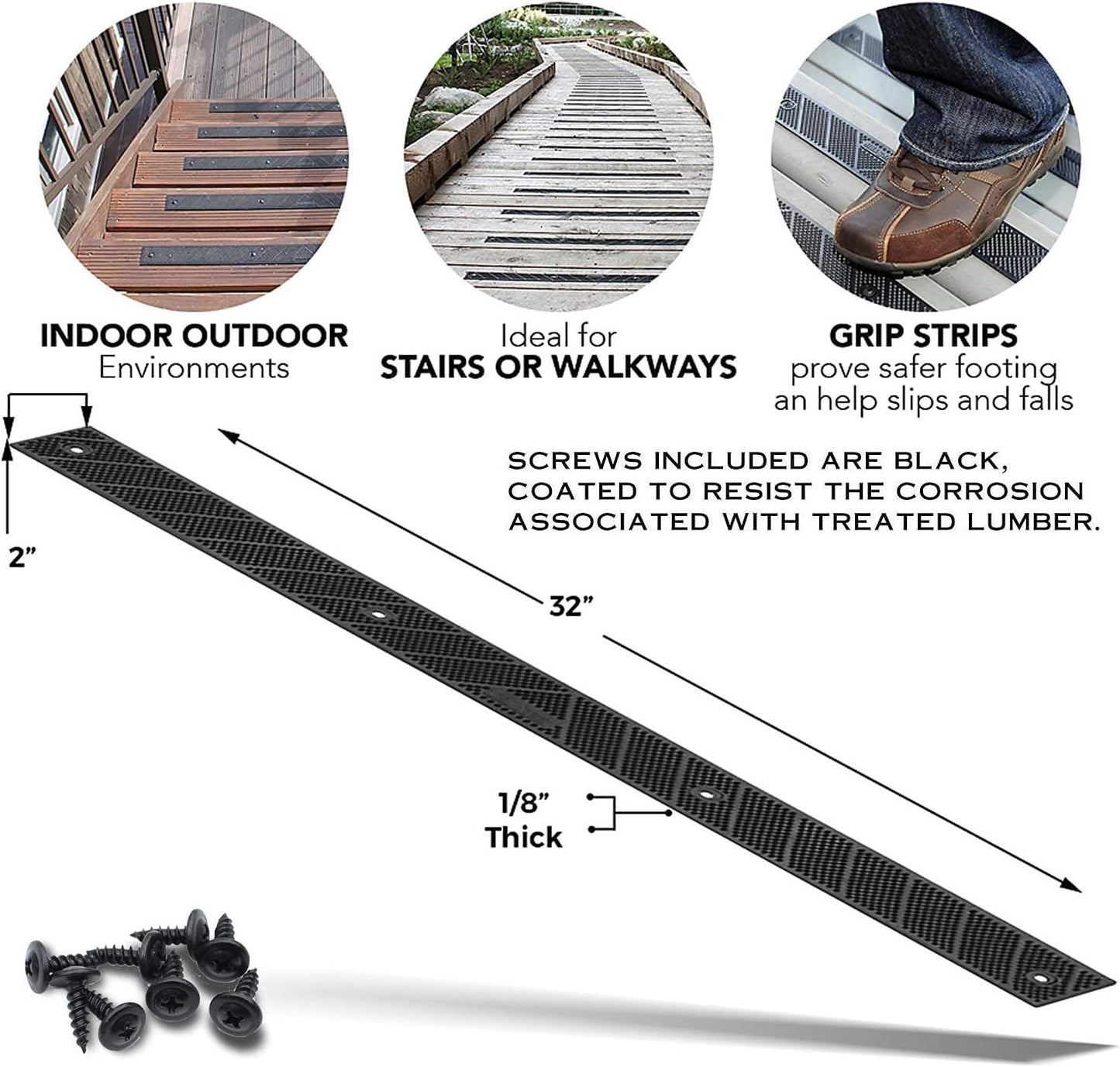 Anti-Slip Treads, 8-Pack, 32"x2", Black, Outdoor Safety Strips