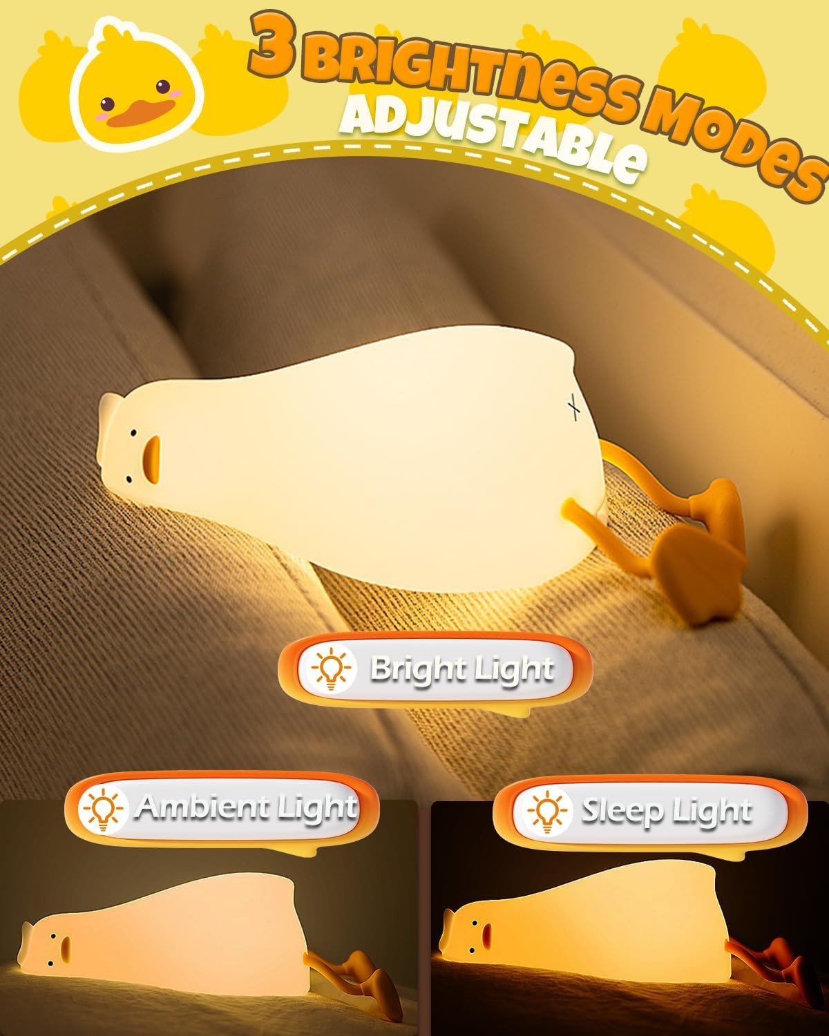 Cute Duck Night Light, Animal Lamp, Food Grade Silicone, Rechargeable, 3 Level D