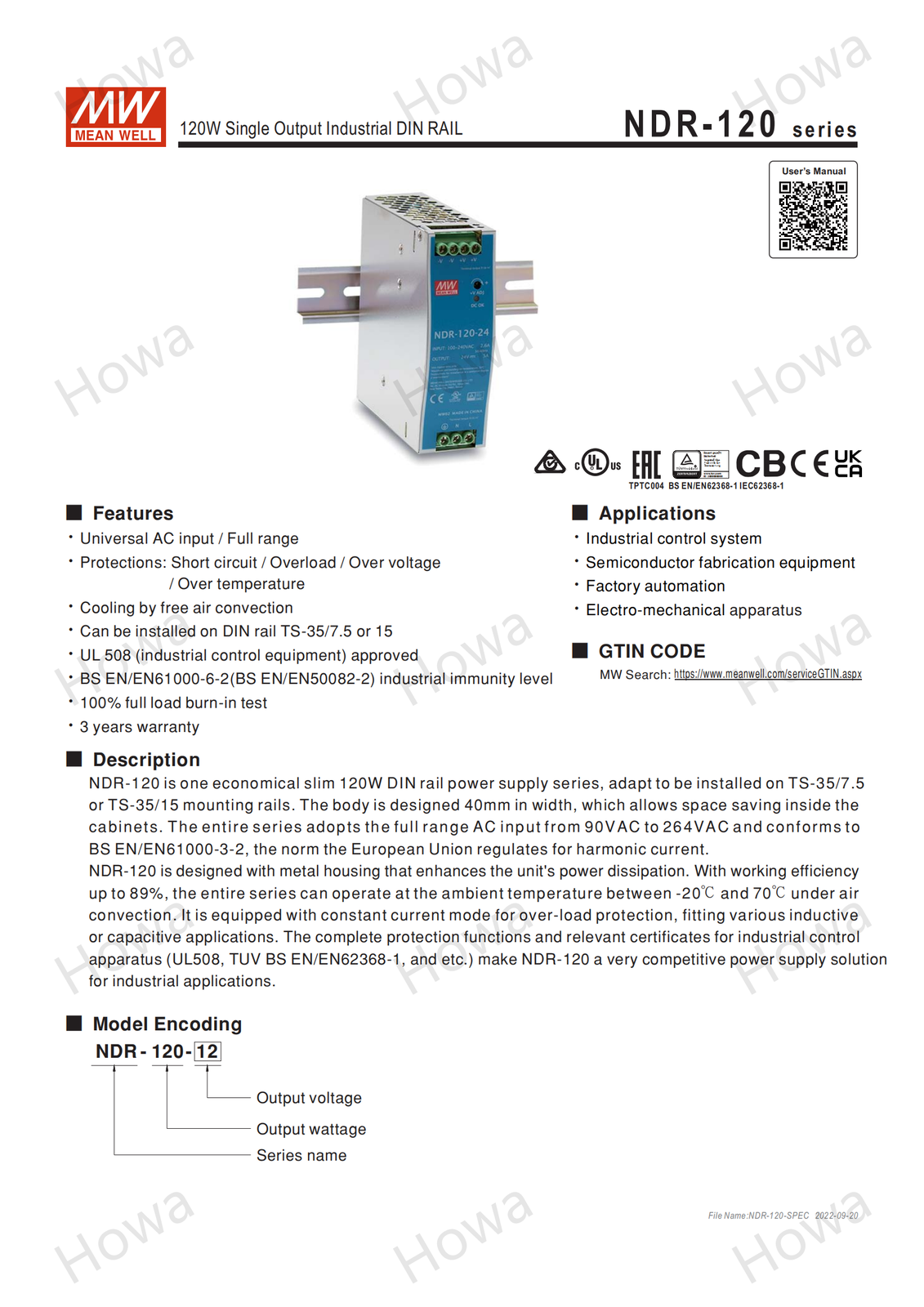 Mean Well NDR-120-24 Switching Power Supply DIN Rail Type 120W 24V 5A