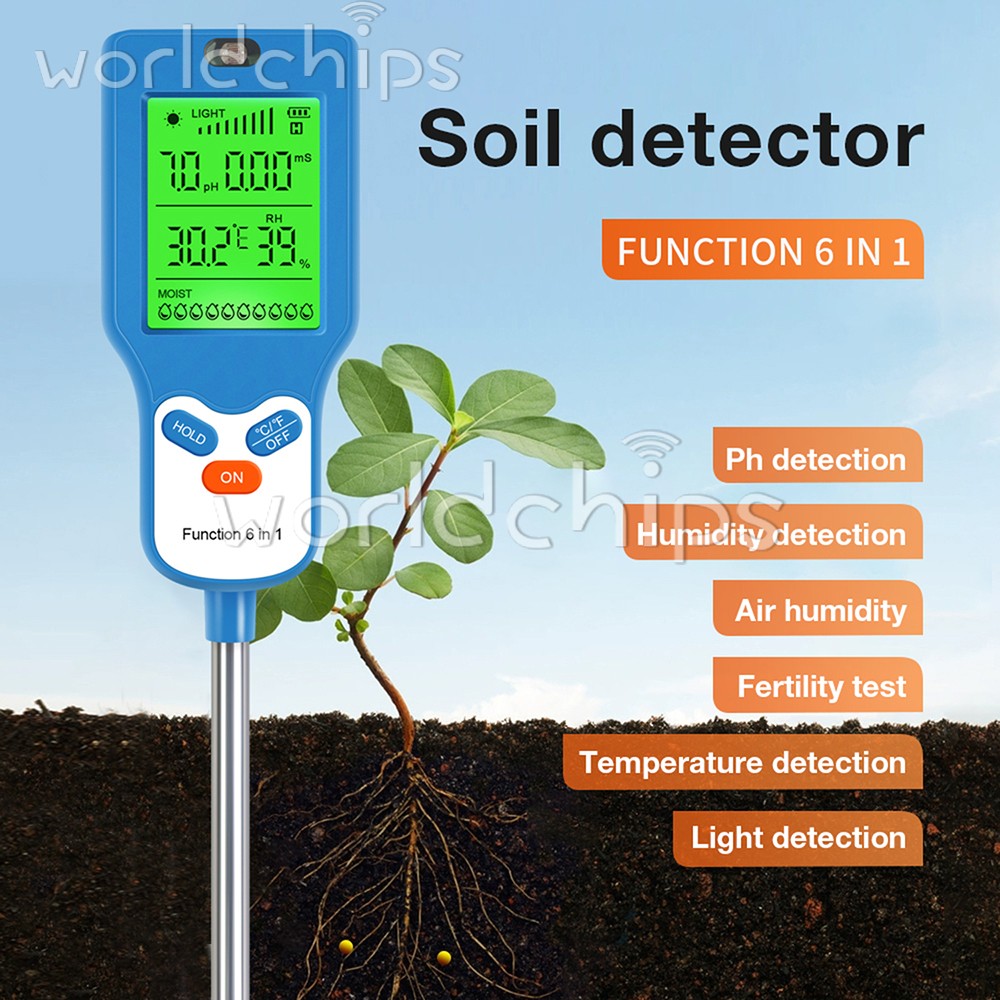 6-in-1 Digital PH Tester Sunlight Soil Moisture Meter Detector Plant Garden ℃℉