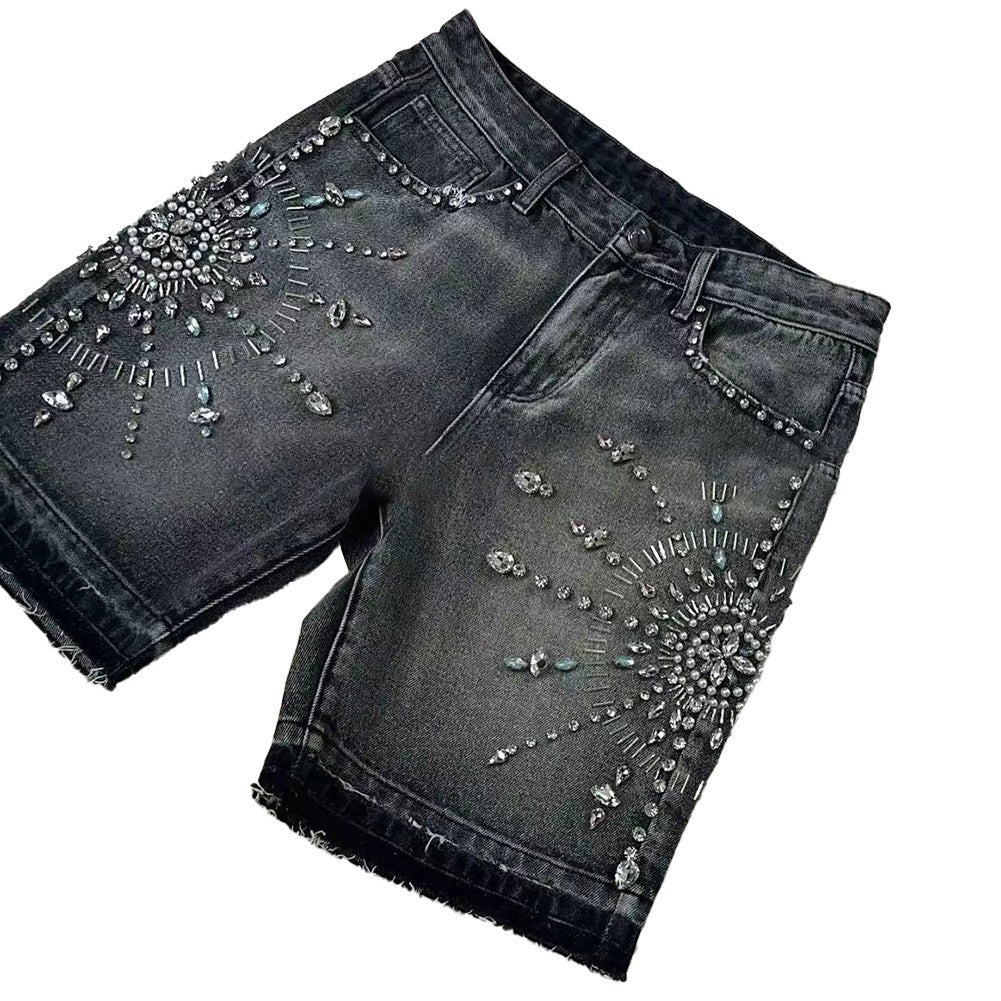 Casual Men's High Waist Shorts Featuring Unique Gothic Rhinestone Sequin Style