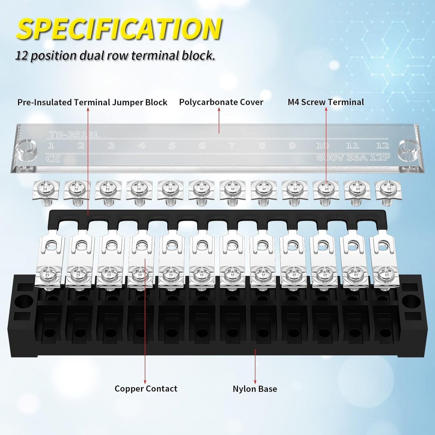 Joinfworld 35A Terminal Block 12 Position Screw Terminal Strip Dual Row with Cov