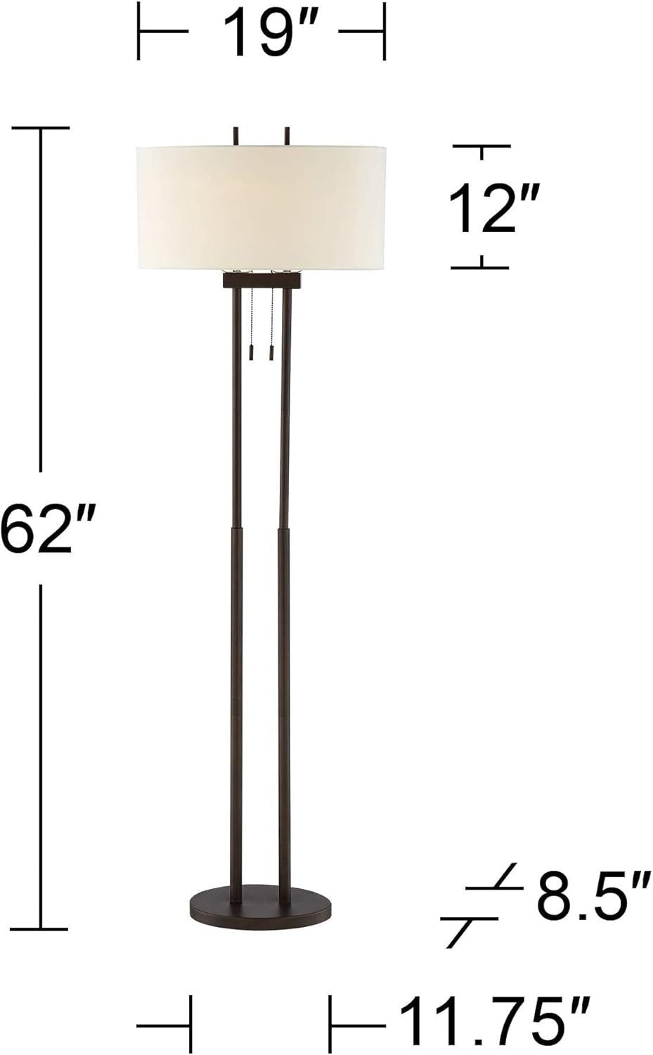 62" Modern Standing Floor Lamp, Twin Pole Design with White Fabric Shade