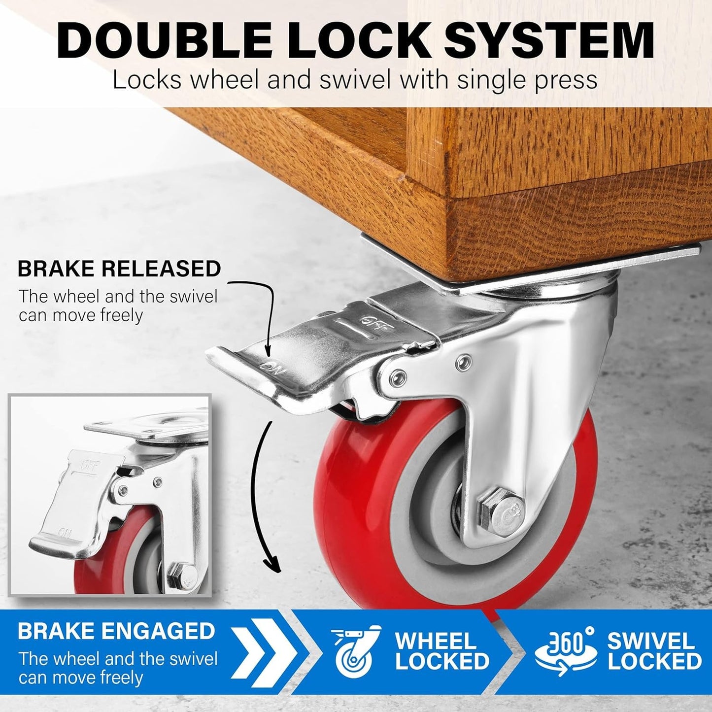 4 Inch Caster Wheels Heavy Duty Casters Set of 4 (2200Lbs Load Capacity) Lockabl