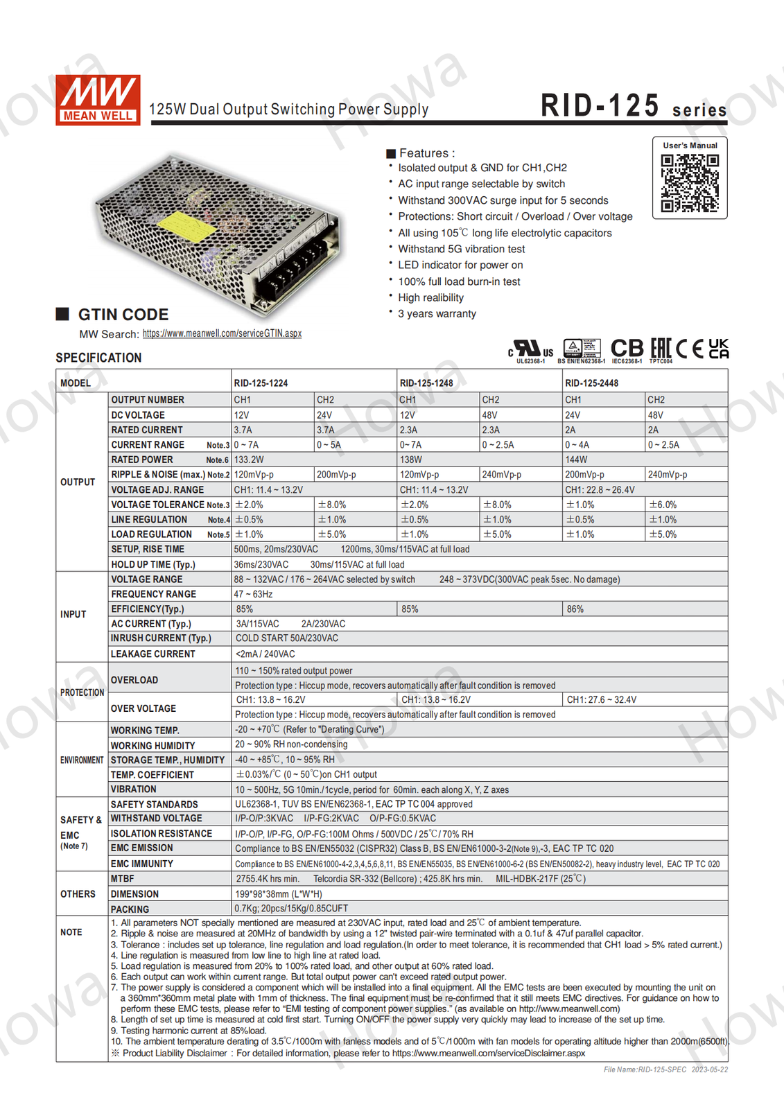 Mean Well Switching Power Supply RID-125 Two Output 125W 5V12V24V48V 1205 1224