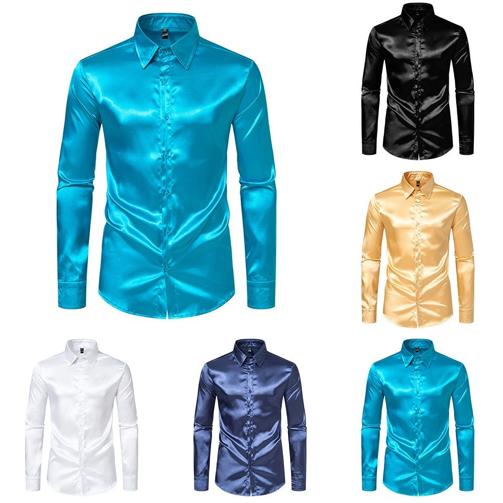 Trendy Mens Slim Fit Satin Silk Long Sleeve Shirt Button Down Party Shirts
