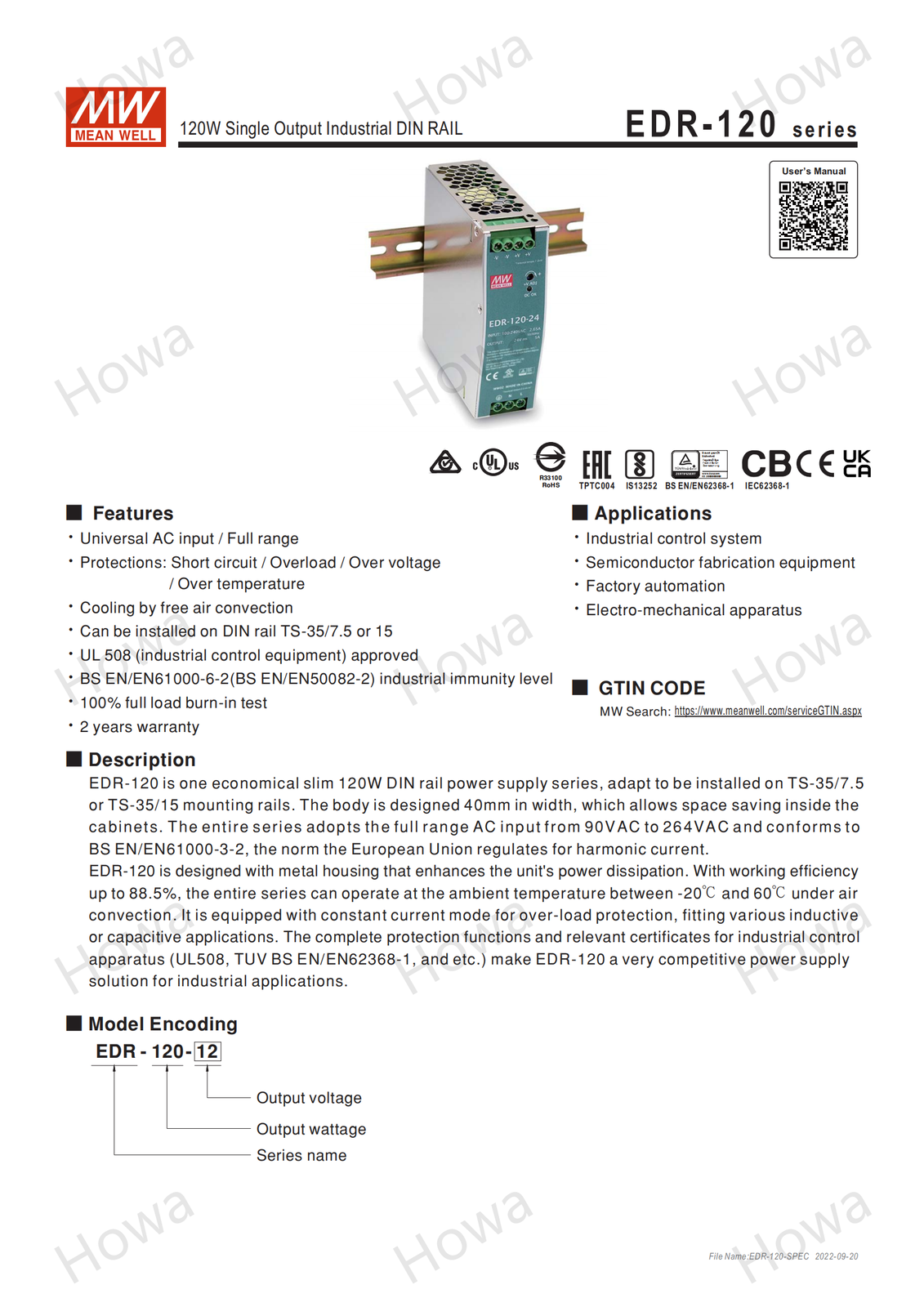 Mean Well EDR-120-48 AC/DC DIN rail power supply 120W 48V 2.5A
