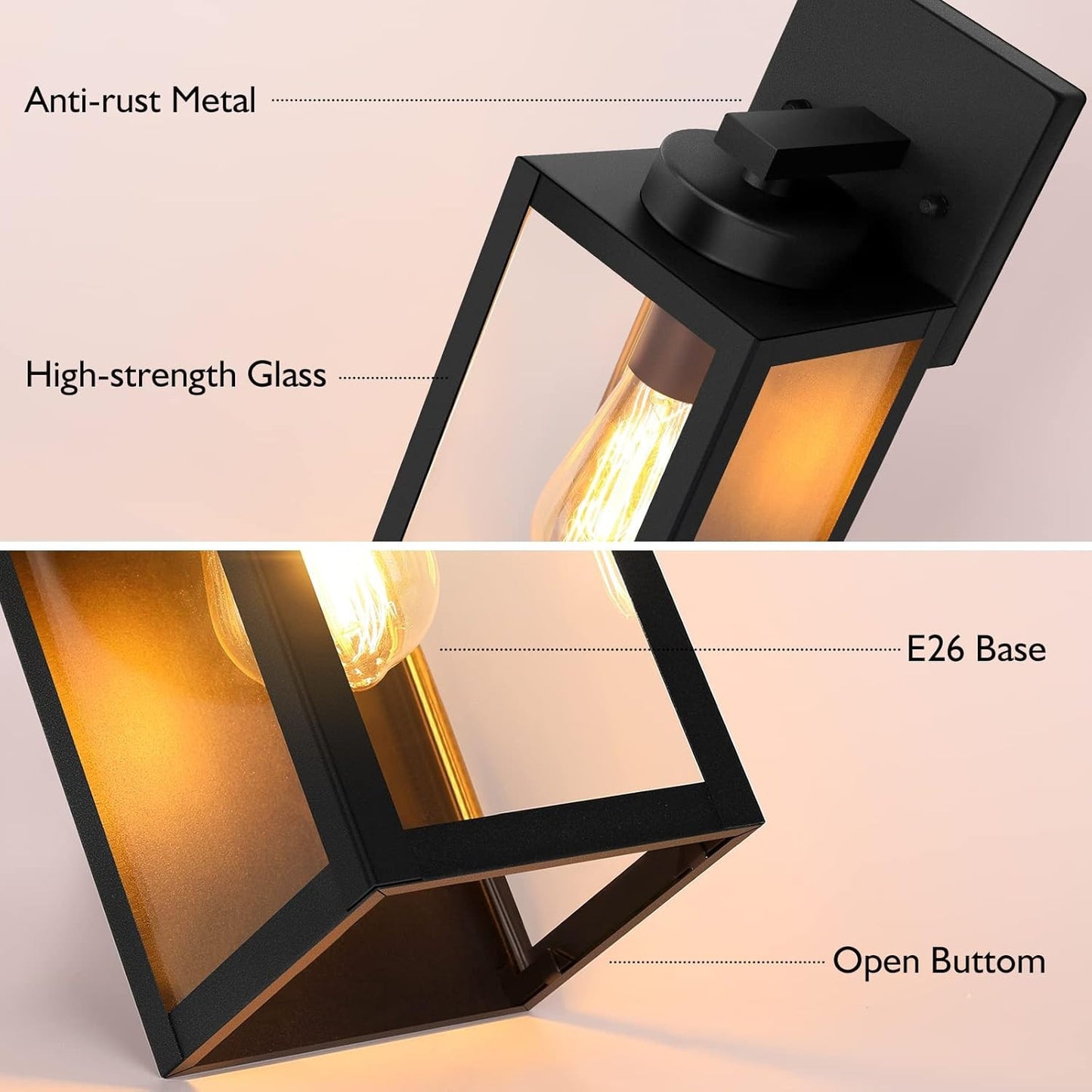 Outdoor Wall Mount Lantern,Waterproof,Matte Black Finish,Glass Shade, E26 Socket