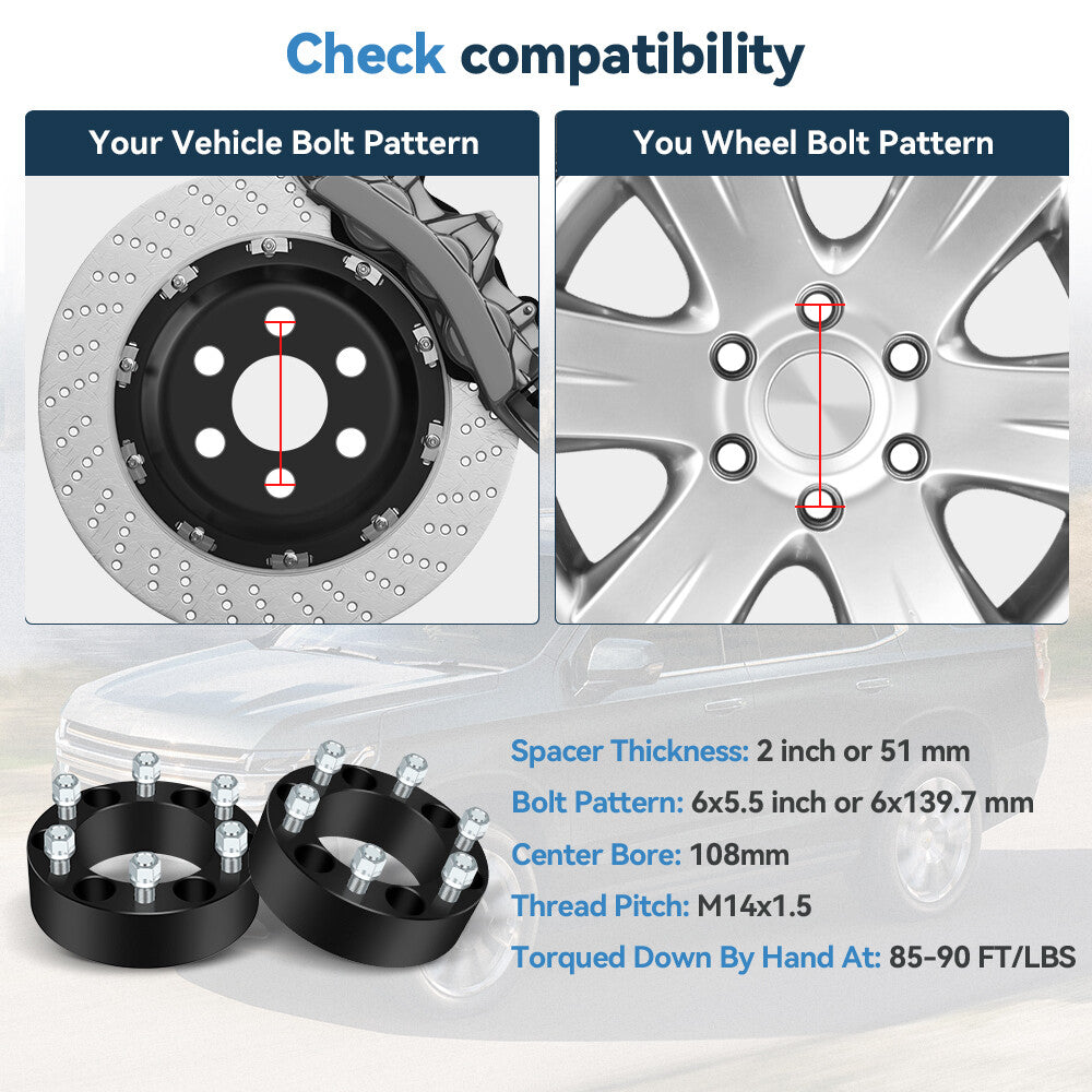 4X 2" 6x5.5 Wheel Spacers 14x1.5 For Chevy K1500 Suburban Avalanche GMC Yukon XL