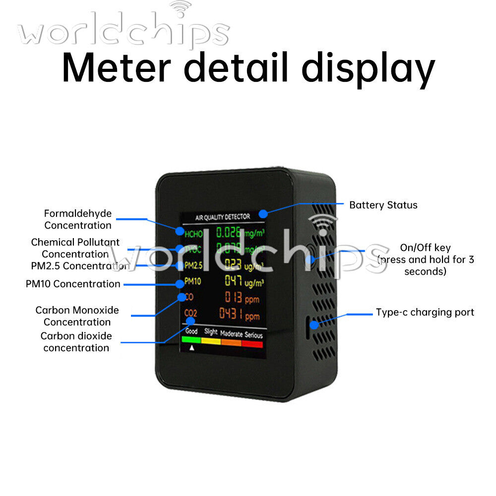 6-in-1 pm2.5 Carbon Dioxide Detector TV OC CO2 Air Quality Monitor Tester Type-C