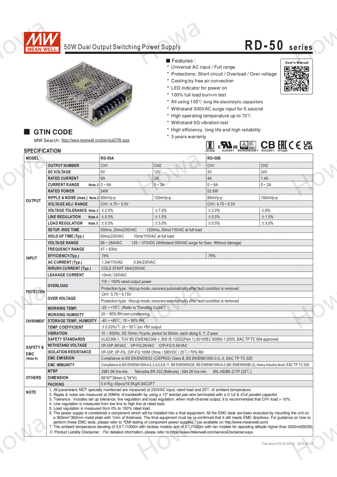 Mean Well switching power supply RD-50A/B 50W two output 5V12V24V regulation