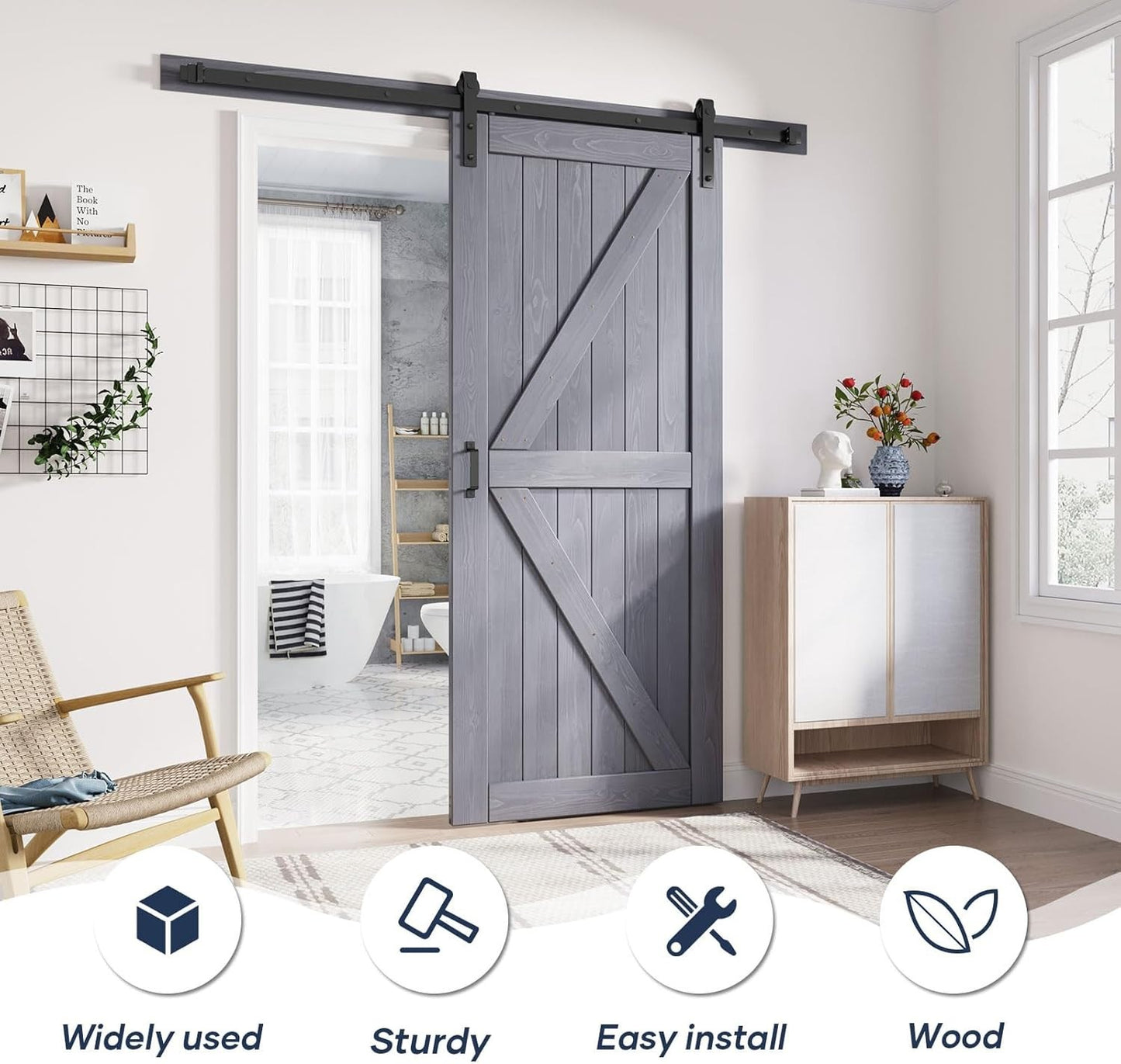 36x84 Inch Gray Wood Barn Door Slab with Hardware Track Kit, K-Frame Design