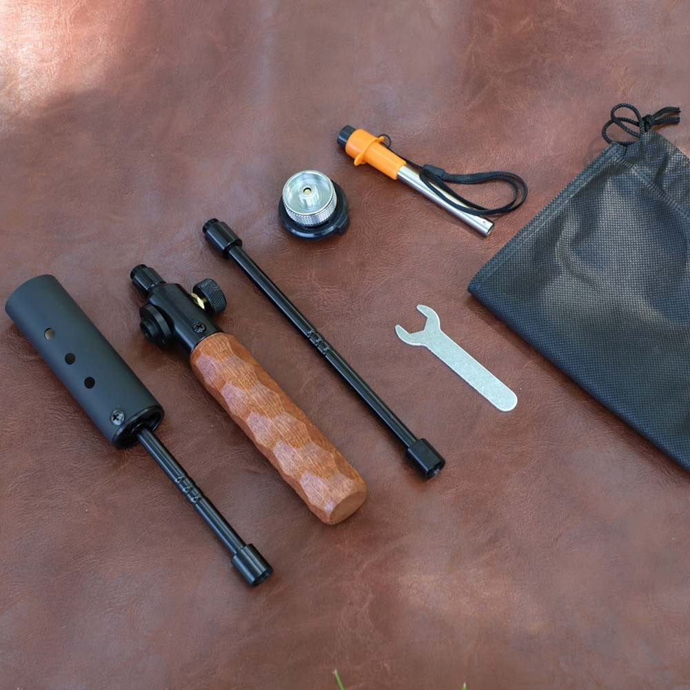 Adjustable Flame Gas Torch with Wood Handle for Outdoor For BBQ Camping