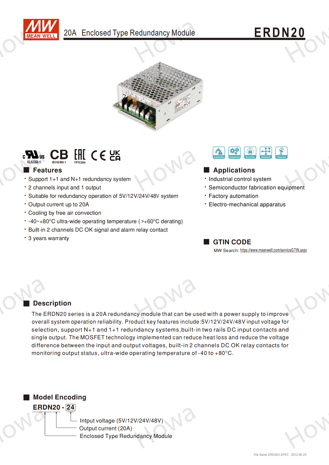 Mean Well Switching Power Supply ERDN20-5 12 24 48V 20A DIN Redundancy Module