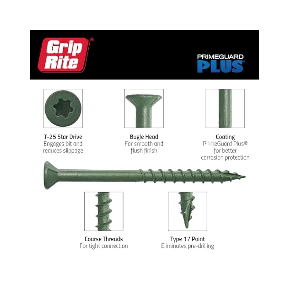 PrimeGuard Plus No. 9 Wire, 3-in Deck Screws, Green Star Flat Head, 25 lb Pack