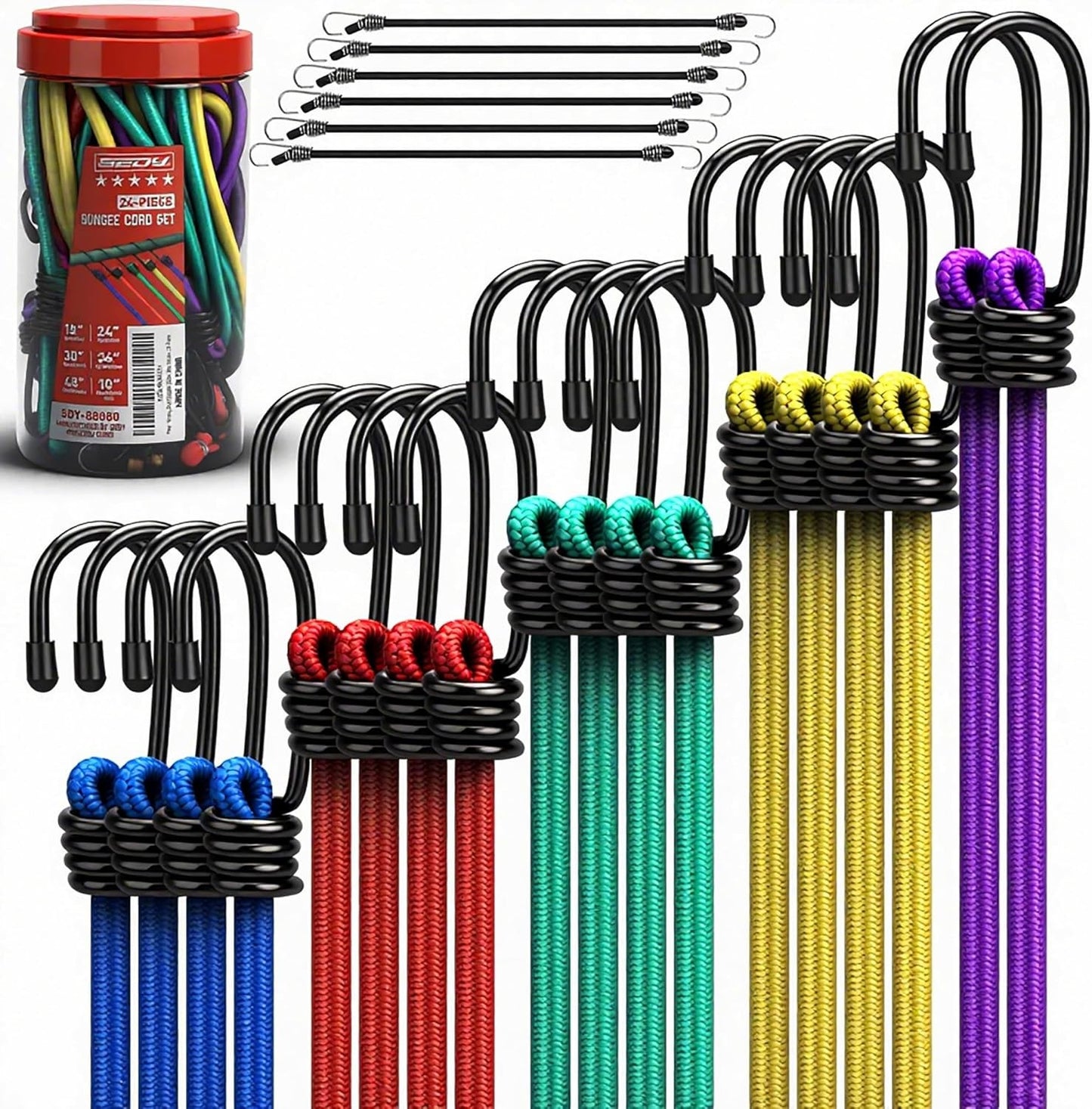 24-Piece Premium Bungee Cords Heavy Duty Outdoor, Bungee Cords with Hooks in a S