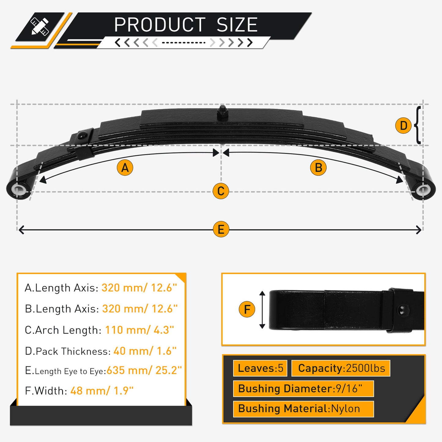 ECCPP Utility Trailer Leaf Spring 5 Leaf Eye/Eye 25" Length 2,500lbs Capacity