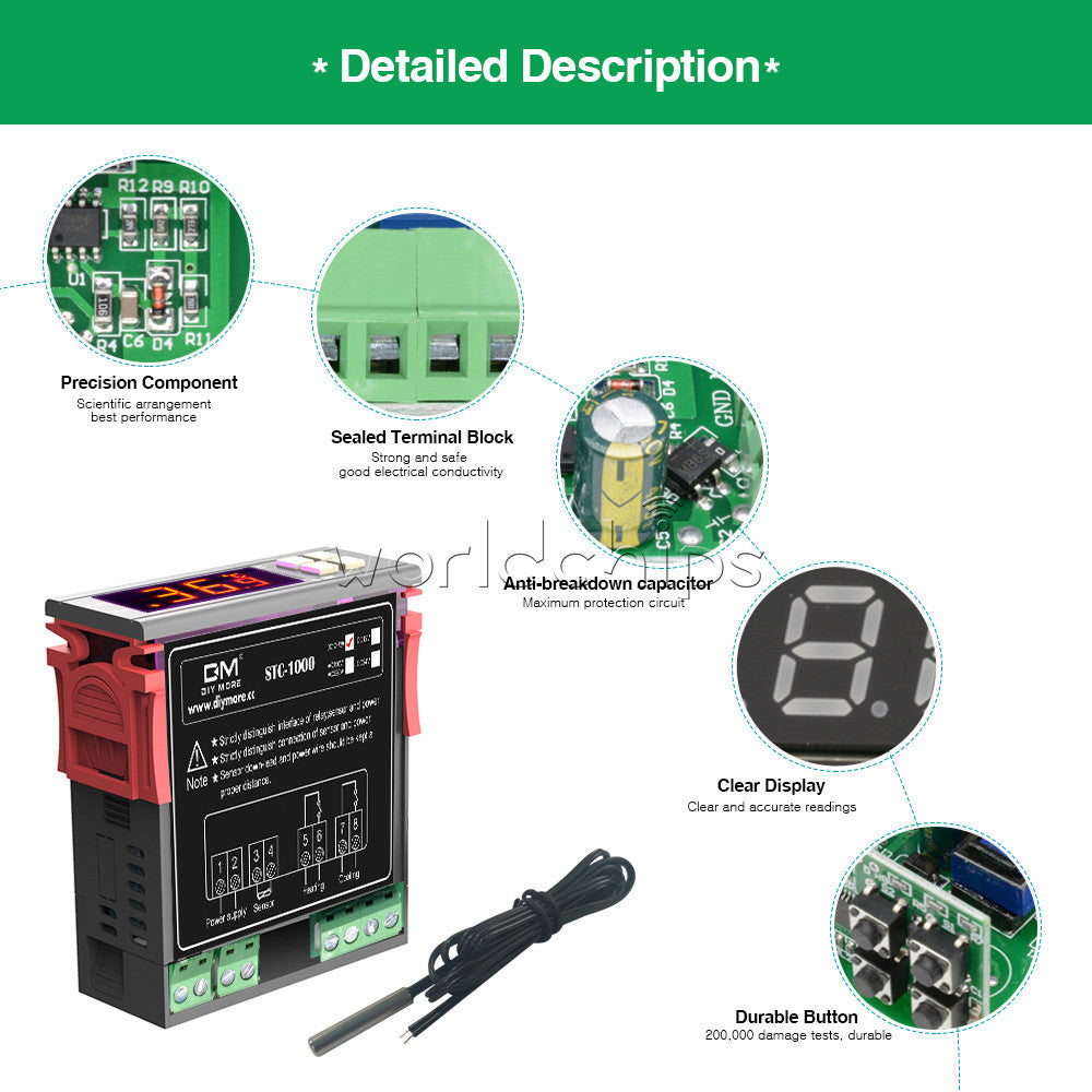 STC1000 DC12-72V Temperature Controller Thermostat DS18B20 Cable High Temp Alarm