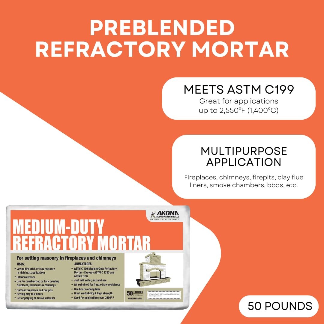 Medium Duty Refractory Mortar - High Temperature Mix for Fireplaces, Fire Pits,