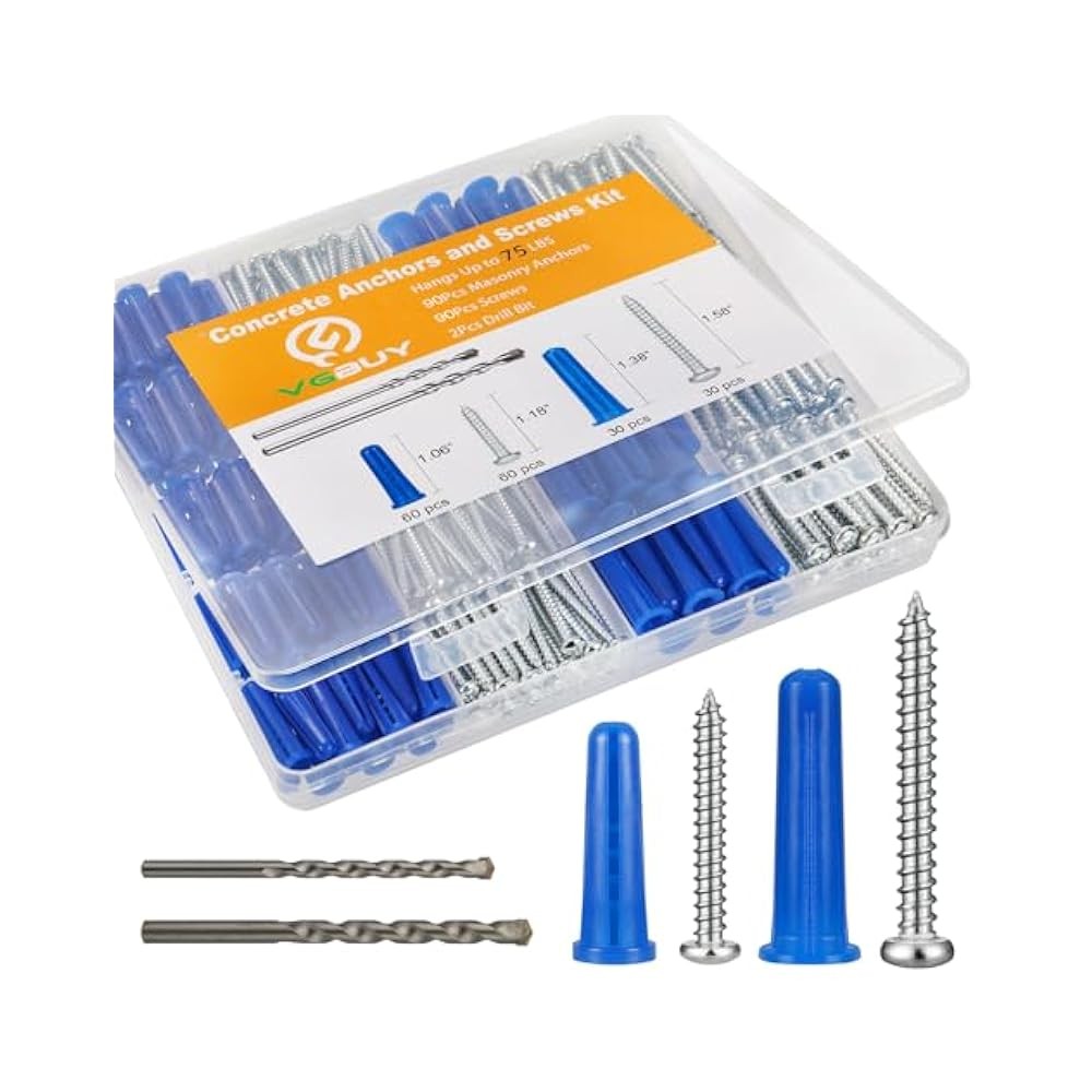 180-Piece Concrete Anchor & Screw Kit, Conical Anchors, Self-Tapping Screws