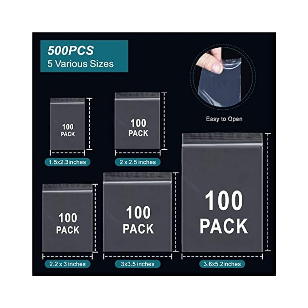 500-Piece Small Plastic Bags, 5 Sizes, Resealable, for Pills, Storage, Candy