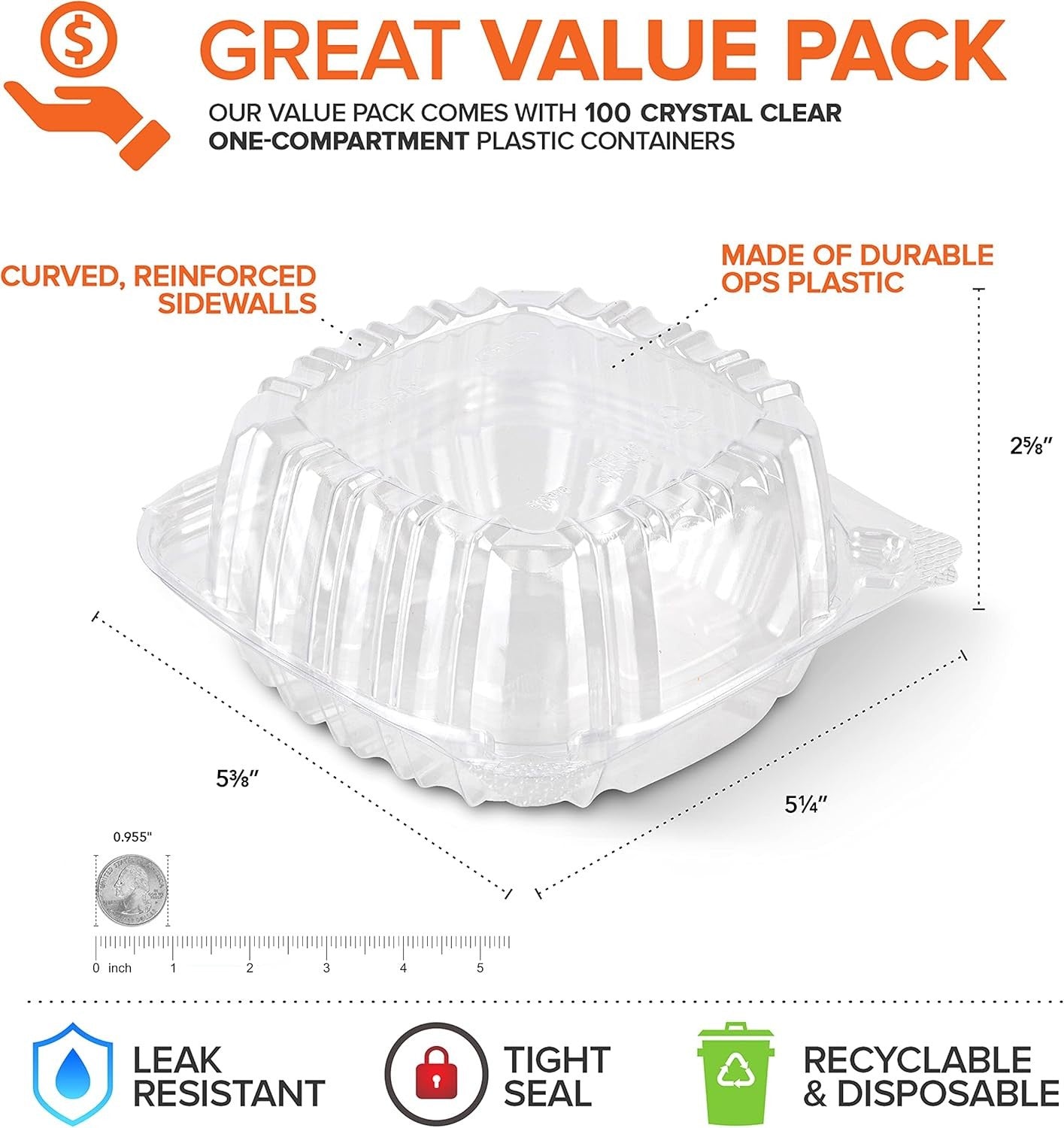 Disposable Plastic to Go Containers with Clear Lids (100 Pack) Fancy Hinged Top