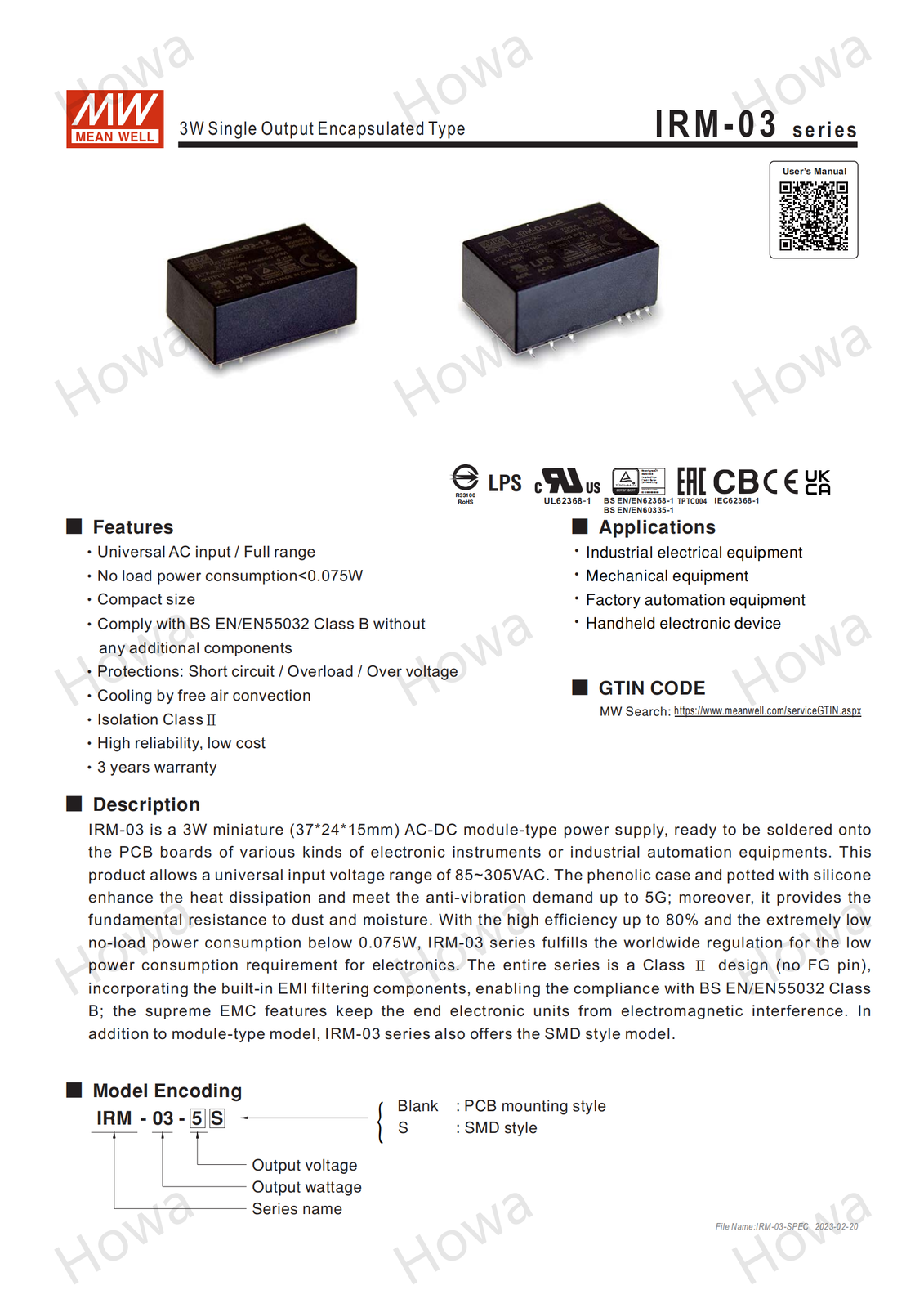 MEAN WELL IRM-03 switching power supply 3.3V5V9V12V24V pin type 1W AC-DC module