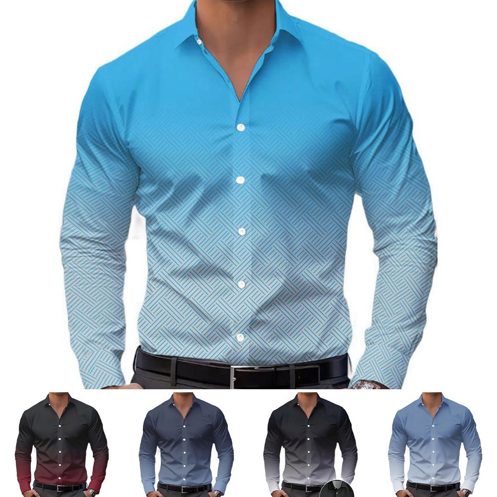 Mens Casual Long Sleeve Shirt Buttoned Collar Gradient Color for Daily Wear