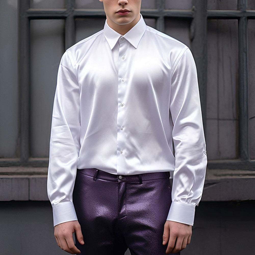 Trendy Mens Slim Fit Satin Silk Long Sleeve Shirt Button Down Party Shirts