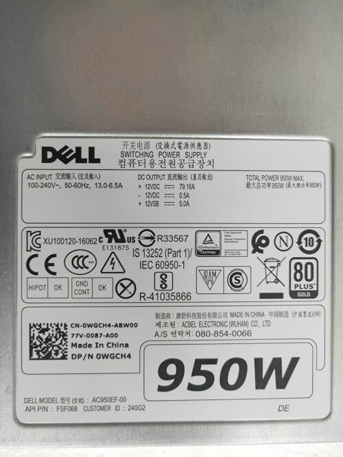 1pcs AC950EF-00 For DELL 950W T5820 T7820c0WGCH4 0CXV28 Workstation Power Supply