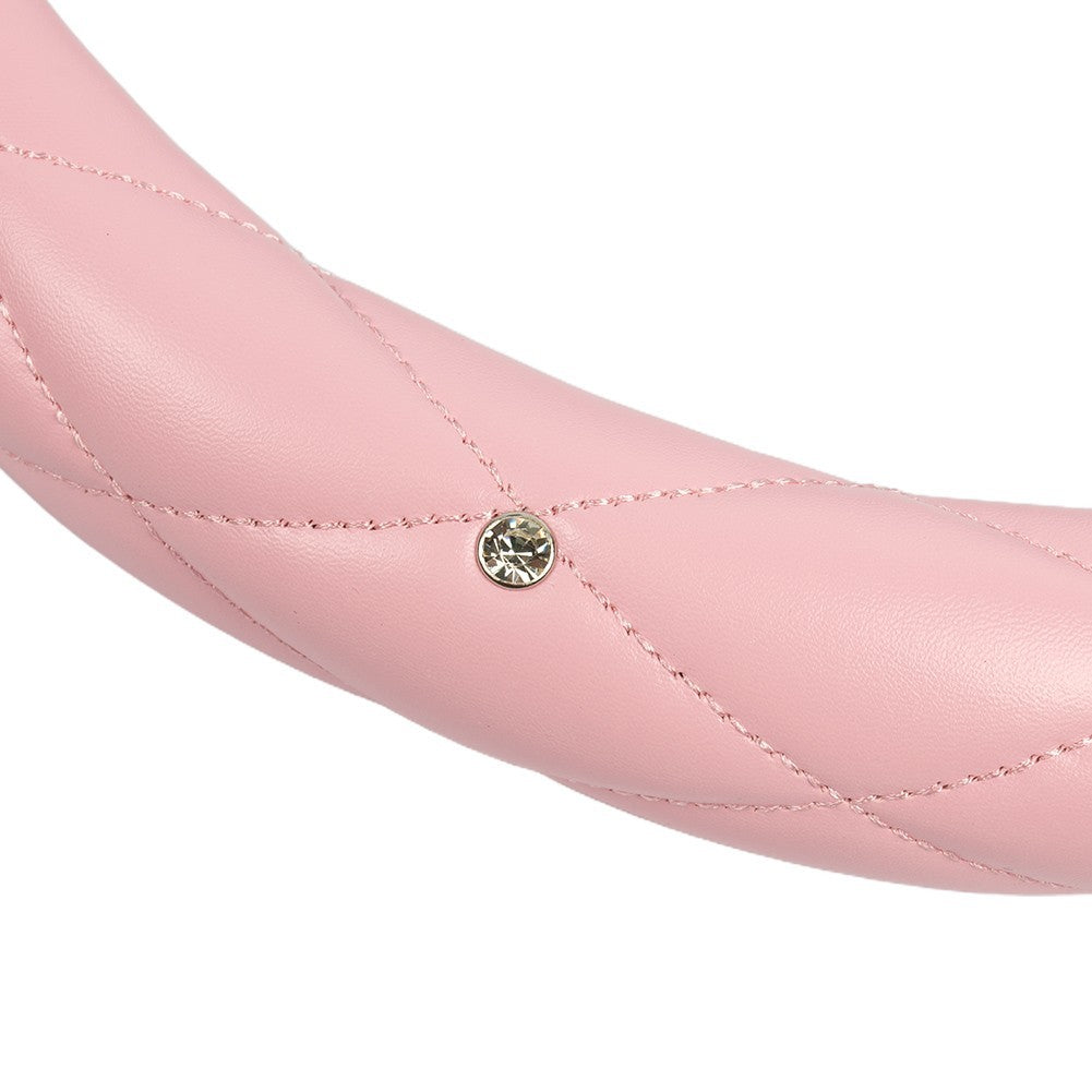 Pink Car Steering Wheel Cover 38cm/15 PU Leather Bling Diamond For Womens Girls