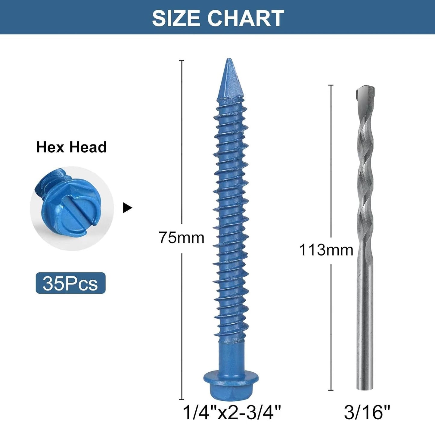 35-Pack 1/4"x2-3/4" Hex Head Concrete Screws with Drill Bit, No Pre-Drilling