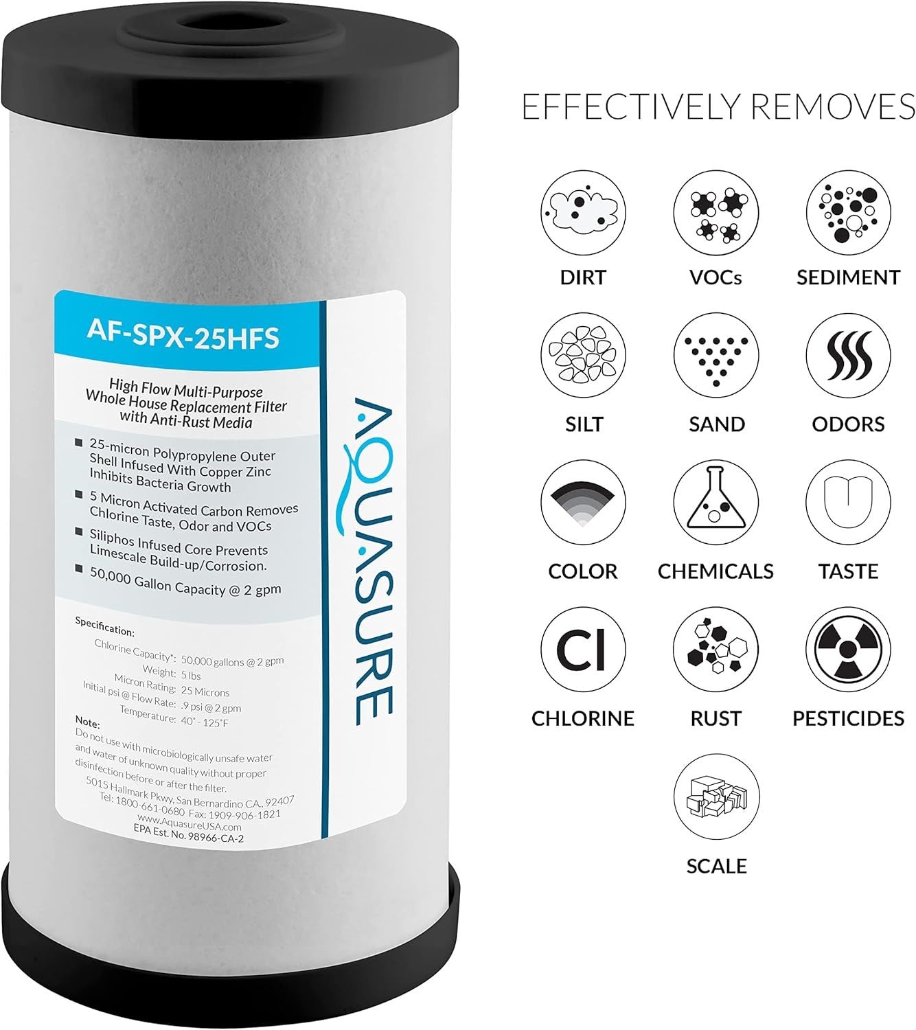 Whole House Replacement Filter Cartridge, Sediment/Carbon/Siliphos Media