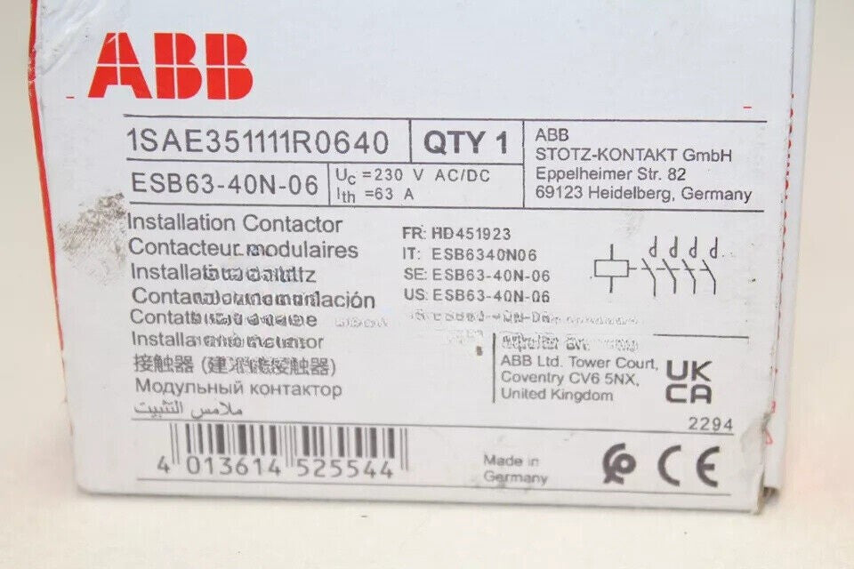 1PC  FOR ABB Building Contactor ESB63-40N-06 230V 63A 10228837