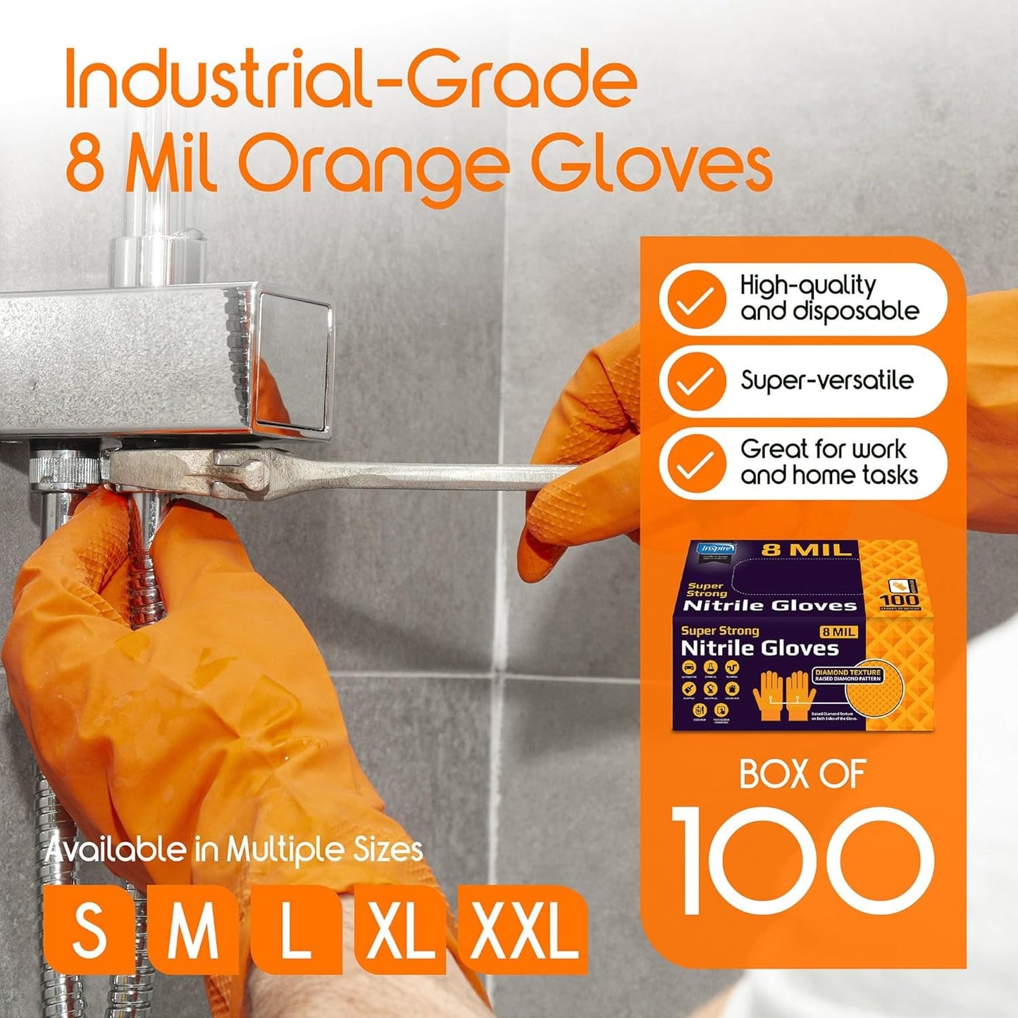 Inspire Heavy Duty Orange Nitrile Gloves | ULTRA 8 Mil Diamond Textured Grip | I
