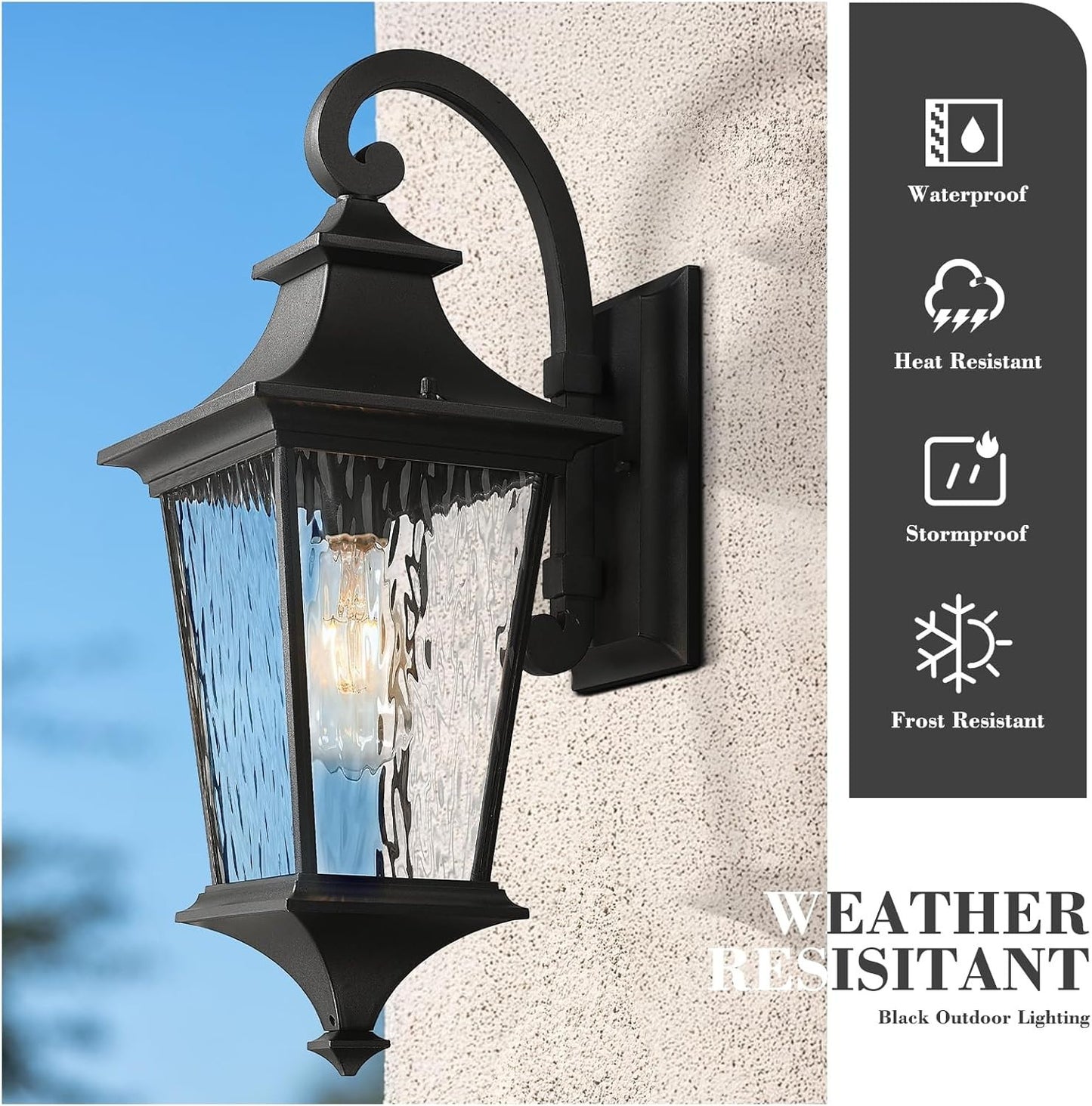 21.1 Inch Black Outdoor Wall Light with Water Ripple Glass, for Porch Garage